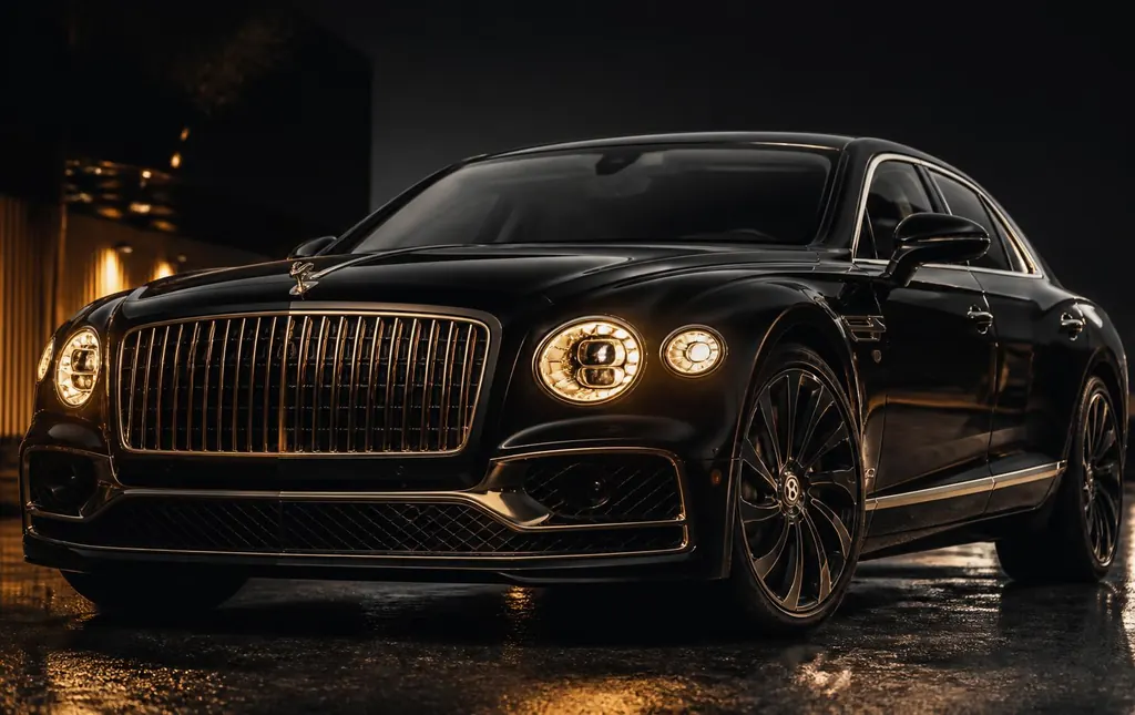 Black Bentley-style luxury sedan front grille lit in gold