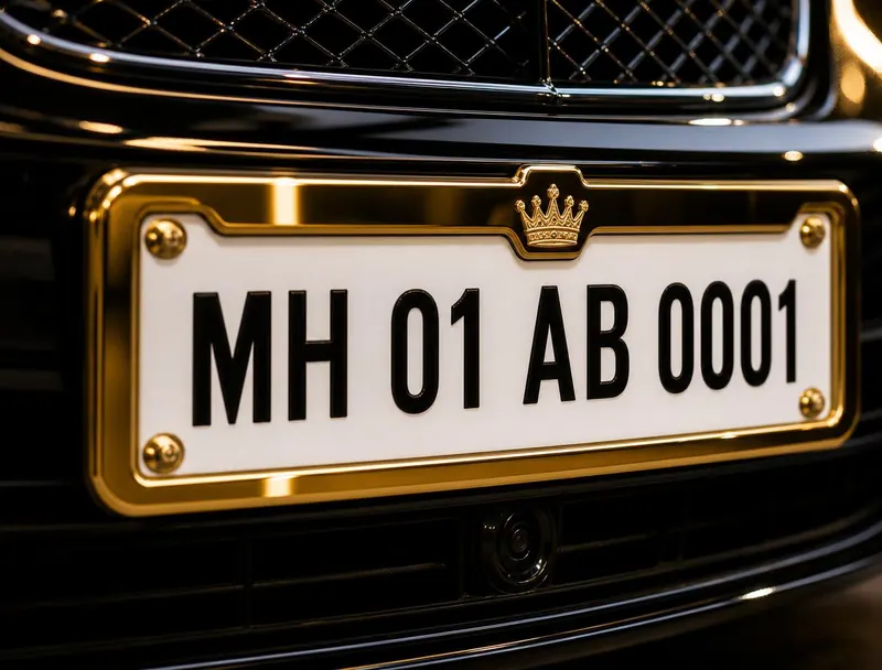 Gold FIRST tag frame mounted around a luxury car number plate